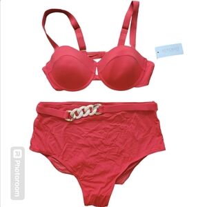 Beach Joy Red Gold Chain High Waist Bikini Set Size Large